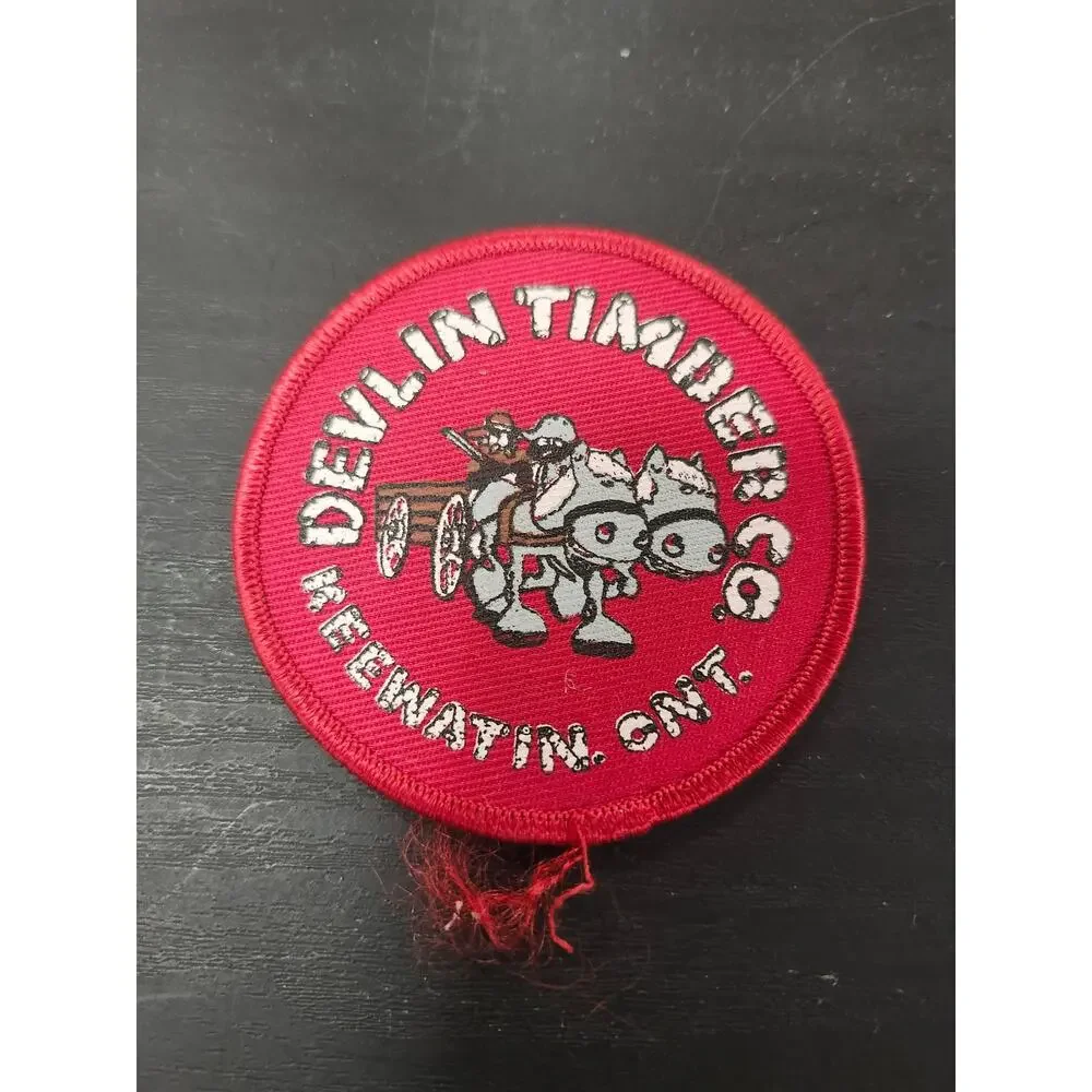 Vintage Devlin Timber Co Patch Keewatin Ontario Canada Horse Logging Red Badge